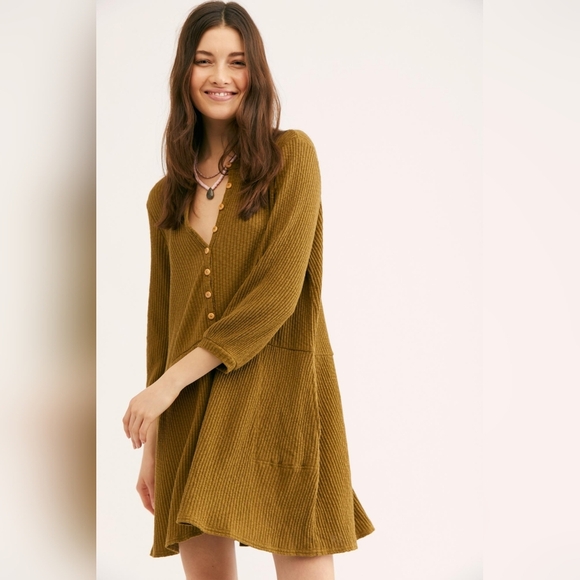 Free People Beach Blossom Button-Up T-Shirt Dress in Mustard Size XS/TP Women's - Picture 2 of 9